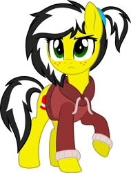 Size: 4000x5267 | Tagged: safe, artist:aureai, imported from derpibooru, oc, oc only, oc:uppercute, pony, clothes, female, freckles, frown, hoodie, mare, raised hoof, simple background, solo, transparent background, vector