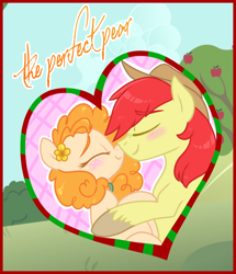 Size: 660x768 | Tagged: safe, artist:esmeia, imported from derpibooru, bright mac, pear butter, earth pony, pony, the perfect pear, apple tree, blushing, brightbutter, bust, female, heart, male, mare, nuzzling, portrait, stallion, story included, title card, tree