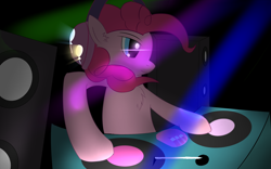 Size: 1920x1200 | Tagged: safe, artist:ghost3641, imported from derpibooru, pinkie pie, earth pony, pony, chest fluff, dj booth, ear fluff, female, headphones, solo, speaker, speakers, turntable