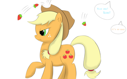 Size: 1920x1200 | Tagged: safe, artist:ghost3641, imported from derpibooru, applejack, earth pony, pony, angry, cowboy hat, ear fluff, female, food, grammar error, hat, implied rainbow dash, implied scootaloo, simple background, solo, speech bubble, stetson, strawberry, throwing, unamused, white background