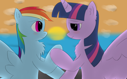 Size: 1920x1200 | Tagged: safe, artist:ghost3641, imported from derpibooru, rainbow dash, twilight sparkle, alicorn, pegasus, pony, blushing, chest fluff, ear fluff, female, holding hooves, lesbian, looking at each other, shipping, sunset, twidash, twilight sparkle (alicorn)