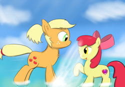 Size: 4300x3000 | Tagged: safe, artist:ghost3641, imported from derpibooru, apple bloom, applejack, earth pony, pony, alternate hairstyle, apple bloom's bow, bow, chest fluff, ear fluff, hair bow, missing accessory, splashing