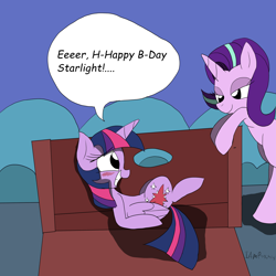 Size: 3000x3000 | Tagged: safe, artist:iampancakes, imported from derpibooru, starlight glimmer, twilight sparkle, alicorn, pony, unicorn, blushing, grin, implied lesbian, implied shipping, implied twistarlight, lidded eyes, nervous, nervous grin, smiling, speech bubble, twilight sparkle (alicorn)