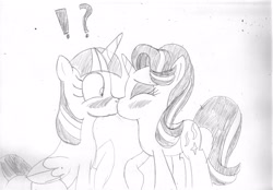 Size: 3506x2434 | Tagged: safe, artist:iampancakes, imported from derpibooru, starlight glimmer, twilight sparkle, alicorn, pony, unicorn, blushing, exclamation point, eyes closed, female, interrobang, kissing, lesbian, question mark, shipping, sketch, surprise kiss, traditional art, twilight sparkle (alicorn), twistarlight