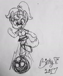 Size: 1824x2206 | Tagged: safe, artist:binkyt11, derpibooru exclusive, imported from derpibooru, allie way, anthro, unicorn, bowling ball, female, monochrome, solo, traditional art