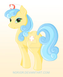 Size: 1024x1252 | Tagged: safe, artist:norjor, imported from derpibooru, nurse coldheart, nurse snowheart, earth pony, pony, alternate hairstyle, butt, female, looking at you, looking back, mare, missing accessory, plot, solo, text, watermark