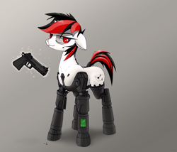 Size: 3378x2889 | Tagged: safe, artist:fenixdust, imported from derpibooru, oc, oc only, oc:blackjack, cyborg, pony, unicorn, fallout equestria, fallout equestria: project horizons, amputee, augmentation, blood, cybernetic legs, desert eagle, dock, female, floppy ears, gun, handgun, level 2 (project horizons), magic, mare, nosebleed, pipbuck, pistol, prosthetic limb, prosthetics, quadruple amputee, simple background, smiling, solo, telekinesis, weapon