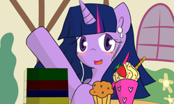 Size: 2000x1200 | Tagged: safe, artist:dbcupcake, imported from derpibooru, twilight sparkle, pony, blushing, book, female, food, ice cream, looking at you, muffin, solo, strawberry