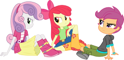 Size: 6163x3001 | Tagged: safe, artist:cloudy glow, artist:cloudyglow, imported from derpibooru, apple bloom, scootaloo, sweetie belle, equestria girls, rainbow rocks, .ai available, angry, apple bloom's bow, belt, boots, bow, clothes, cutie mark crusaders, denim, hair bow, hoodie, looking back, pants, shirt, shoes, shorts, simple background, sitting, skirt, sweater, transparent background, trio, vector