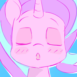 Size: 512x512 | Tagged: safe, artist:grim ponka, imported from derpibooru, starlight glimmer, pony, unicorn, blue background, blushing, bust, cute, eyes closed, female, glimmerbetes, kissy face, portrait, simple background, solo