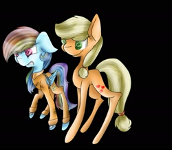 Size: 1839x1603 | Tagged: safe, artist:alilovesmlpva, imported from derpibooru, applejack, rainbow dash, pony, bound wings, chains, clothes, comforting, duo, prison outfit, prisoner rd, shackles