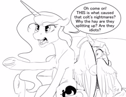 Size: 3300x2550 | Tagged: safe, artist:silfoe, imported from derpibooru, princess luna, twilight sparkle, alicorn, pony, royal sketchbook, adorable distress, annoyed, cute, dialogue, female, grayscale, hiding, lesbian, monochrome, scared, shipping, twilight sparkle (alicorn), twiluna