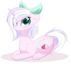 Size: 1024x928 | Tagged: safe, artist:little-sketches, artist:php146, imported from derpibooru, oc, oc only, oc:cheri fair, pony, unicorn, bow, cute, female, hair bow, hair over one eye, looking at you, mare, prone, simple background, solo, transparent background