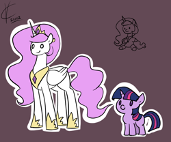 Size: 600x500 | Tagged: safe, artist:valcron, imported from derpibooru, princess celestia, twilight sparkle, alicorn, pony, unicorn, duo, female, filly, filly twilight sparkle, hoof shoes, pink-mane celestia, sketch, unicorn twilight, younger