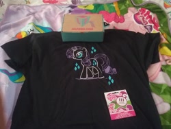 Size: 2592x1944 | Tagged: safe, imported from derpibooru, pinkie pie, rarity, pony, bed, blanket, box, clothes, cutie mark, diamonds, mlp box, shirt, sticker