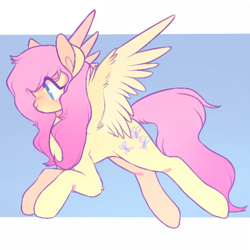 Size: 540x540 | Tagged: safe, artist:intheattic, imported from derpibooru, fluttershy, pegasus, pony, female, flying, looking down, mare, profile, simple background, solo, spread wings, wings