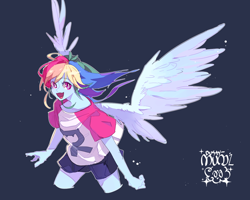 Size: 1184x946 | Tagged: safe, artist:dusty-munji, imported from derpibooru, rainbow dash, equestria girls, anime, female, looking away, open mouth, smiling, solo, spread wings, winged humanization, wings