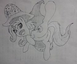 Size: 1024x853 | Tagged: safe, artist:limply_swamp, imported from derpibooru, trixie, pony, cape, clothes, female, hat, looking at you, monochrome, sketch, solo, traditional art, trixie's cape, trixie's hat