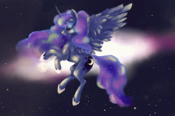 Size: 2580x1717 | Tagged: safe, artist:dumddeer, imported from derpibooru, princess luna, alicorn, pony, female, moon, solo, space