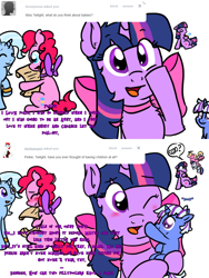 Size: 900x1200 | Tagged: safe, artist:justagirlonline, imported from derpibooru, pinkie pie, trixie, twilight sparkle, oc, pony, ask cute twinkie pie, boop, female, lesbian, magical lesbian spawn, offspring, parent:trixie, parent:twilight sparkle, parents:twixie, shipping, twinkie, twixie