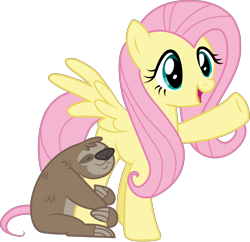 Size: 5167x5000 | Tagged: safe, artist:lorthiz, imported from derpibooru, fluttershy, lola the sloth, pony, sloth, fluttershy leans in, absurd resolution, cute, open mouth, raised hoof, shyabetes, simple background, spread wings, transparent background, vector, wings