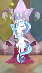 Size: 600x1036 | Tagged: safe, artist:gashiboka, imported from derpibooru, princess platinum, pony, unicorn, crown, everfree tarot, female, jewelry, major arcana, regalia, solo, staff, tarot, tarot card, the empress, throne, watermark