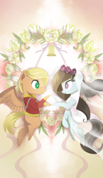 Size: 600x1036 | Tagged: safe, artist:gashiboka, imported from derpibooru, earth pony, pegasus, pony, bell, duo, everfree tarot, major arcana, marriage, tarot, tarot card, the lovers, watermark, wedding, wreath