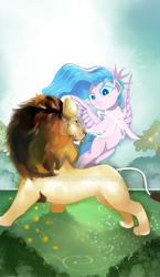 Size: 600x1036 | Tagged: safe, artist:gashiboka, imported from derpibooru, big cat, lion, pegasus, pony, everfree tarot, major arcana, realistic, strength, tarot, tarot card, watermark