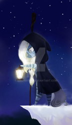 Size: 600x1036 | Tagged: safe, artist:gashiboka, imported from derpibooru, zebra, cliff, cloak, clothes, everfree tarot, lantern, major arcana, solo, staff, stars, tarot, tarot card, the hermit, watermark