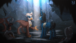 Size: 1737x1000 | Tagged: safe, artist:margony, imported from derpibooru, oc, oc only, griffon, pegasus, pony, fanfic:where the heart lies, cavern, commission, duo, male, smiling, stallion, sunlight