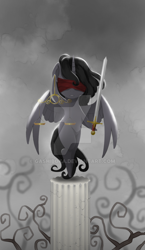 Size: 600x1036 | Tagged: safe, artist:gashiboka, imported from derpibooru, alicorn, pony, blindfold, everfree tarot, justice, justitia, lady justice (goddess), major arcana, scales, scales of justice, solo, sword, tarot, tarot card, watermark, weapon