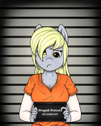 Size: 1416x1764 | Tagged: safe, artist:androgynousgarbage, imported from derpibooru, derpy hooves, anthro, clothes, female, jail, mugshot, prison outfit, prisoner, solo