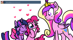 Size: 900x500 | Tagged: safe, artist:justagirlonline, imported from derpibooru, pinkie pie, princess cadance, twilight sparkle, pony, ask cute twinkie pie, female, lesbian, shipping, twinkie