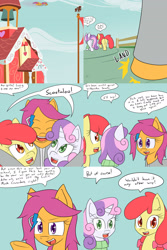 Size: 1600x2400 | Tagged: safe, artist:jake heritagu, imported from derpibooru, apple bloom, scootaloo, sweetie belle, pony, comic:ask motherly scootaloo, clothes, comic, hairpin, motherly scootaloo, school, scootaloo can fly, sweatshirt