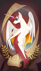 Size: 600x1036 | Tagged: safe, artist:gashiboka, imported from derpibooru, oc, oc only, oc:fausticorn, alicorn, pony, alicorn oc, everfree tarot, female, major arcana, quill, scroll, solo, tarot, tarot card, the world, watermark