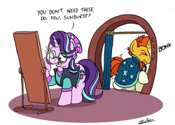 Size: 2215x1587 | Tagged: safe, artist:bobthedalek, imported from derpibooru, starlight glimmer, sunburst, pony, unicorn, beanie, bonk, cloak, clothes, duo, equestria girls outfit, eyes closed, female, frown, glasses, hat, male, mare, mirror, open mouth, raised hoof, simple background, stallion, sunburst's cloak, sunburst's glasses, wavy mouth, white background, wide eyes