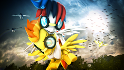 Size: 1920x1080 | Tagged: safe, artist:star-lightstarbright, imported from derpibooru, spitfire, oc, oc:retro city, bird, pegasus, pony, 3d, female, flying, goggles, mare