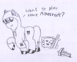 Size: 1744x1419 | Tagged: safe, artist:geljado, imported from derpibooru, oc, oc only, earth pony, pony, clothes, hoodie, minecraft, monochrome, ore, pickaxe, shiny hoof, solo, sword, weapon