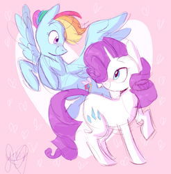 Size: 3580x3640 | Tagged: safe, artist:yerrgat, imported from derpibooru, rainbow dash, rarity, pegasus, pony, unicorn, duo, female, heart, lesbian, raridash, shipping