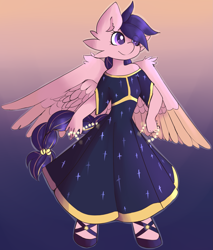 Size: 2235x2626 | Tagged: safe, artist:fluffleduckle, imported from derpibooru, oc, oc only, oc:night flush, anthro, pegasus, unguligrade anthro, clothes, dress, simple background, solo, stars