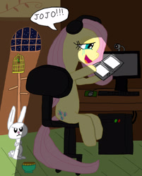 Size: 2082x2592 | Tagged: safe, artist:sb1991, imported from derpibooru, angel bunny, fluttershy, pony, rabbit, animal, birdcage, chair, computer, computer mouse, crying, dialogue, fluttershy plays, fluttershy's cottage, fluttershy's cottage (interior), food bowl, gamershy, headset, night, nintendo ds, nintendogs, sitting, story included, tears of joy, text, vanna melon, vannamelon, webcam