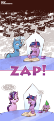 Size: 1079x2438 | Tagged: safe, artist:saturdaymorningproj, imported from derpibooru, spike, starlight glimmer, trixie, twilight sparkle, dragon, book, comic, cup, derp, female, frown, micro, shrunk, table, teacup, tiny ponies, unamused