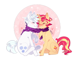 Size: 1500x1200 | Tagged: safe, artist:kraytt-05, imported from derpibooru, double diamond, sunset shimmer, earth pony, pony, unicorn, equestria girls, clothes, crack shipping, cute, doubleset, eyes closed, female, male, mare, raised hoof, scarf, shared clothing, shared scarf, shipping, sitting, smiling, stallion, straight