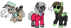 Size: 2000x790 | Tagged: safe, artist:thebathwaterhero, imported from derpibooru, oc, oc only, oc:cold file, oc:dusty miller, oc:nadine, pony, clothes, costume, cyoa