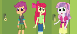 Size: 1600x706 | Tagged: safe, artist:thomaszoey3000, imported from derpibooru, apple bloom, scootaloo, sweetie belle, equestria girls, apple bloom's bow, bow, cutie mark crusaders, female, hair bow