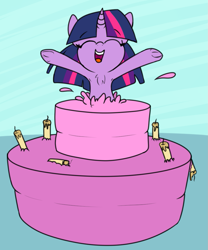 Size: 833x1000 | Tagged: safe, artist:lockheart, imported from derpibooru, twilight sparkle, pony, armpits, birthday, cake, candle, chest fluff, eyes closed, female, food, happy, jumping out of cake, open mouth, pop out cake, popping out of a cake, simple background, solo