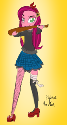 Size: 430x794 | Tagged: safe, artist:flight-of-the-moon, deleted from derpibooru, imported from derpibooru, gloriosa daisy, equestria girls, alternate clothes, alternate costumes, baseball bat, clothes, fishnets, flower, flower in hair, high heels, jacket, leather jacket, looking at you, looking over shoulder, ripped stockings, shoes, skirt, solo, stockings, thigh highs