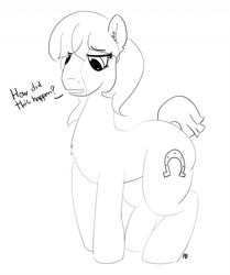 Size: 1280x1529 | Tagged: safe, artist:pabbley, imported from derpibooru, trouble shoes, pony, 30 minute art challenge, dialogue, implied transformation, monochrome, rule 63, simple background, solo, troubleheels clara, white background