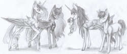 Size: 3960x1692 | Tagged: safe, artist:castaspellliana, imported from derpibooru, princess celestia, princess luna, oc, oc:handy hoofs, oc:shiny smiley, oc:spring beauty, alicorn, pegasus, pony, unicorn, baby, baby pony, grayscale, monochrome, mouth hold, offspring, parent:oc:handy hoofs, parent:oc:spring beauty, parents:oc x oc, parents:springhoofs, scruff, sketch, springhoofs, traditional art