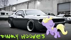 Size: 823x463 | Tagged: safe, imported from derpibooru, dinky hooves, pony, car, female, obligatory pony, solo